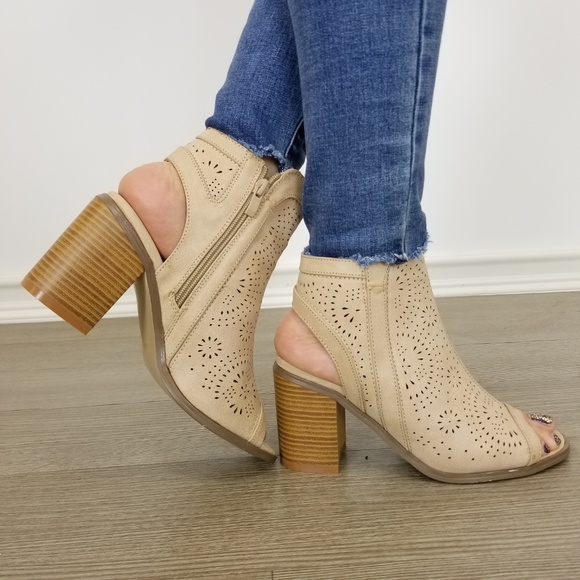 Shoes - Taupe Laser cut Design Open Toe  Ankle Boots